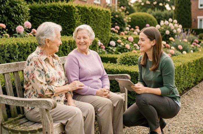 Travailleuse sociale accompagnant deux seniors dans le jardin d'une résidence, illustrant les services d'accompagnement social et émotionnel pour personnes âgées