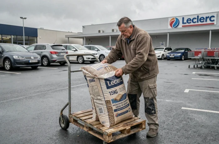 Client chargeant des sacs de pellets bois dans son chariot sur le parking d'un Leclerc