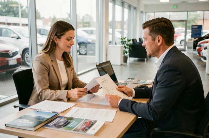 Femme négociant l'achat d'un véhicule d'occasion dans une concession automobile