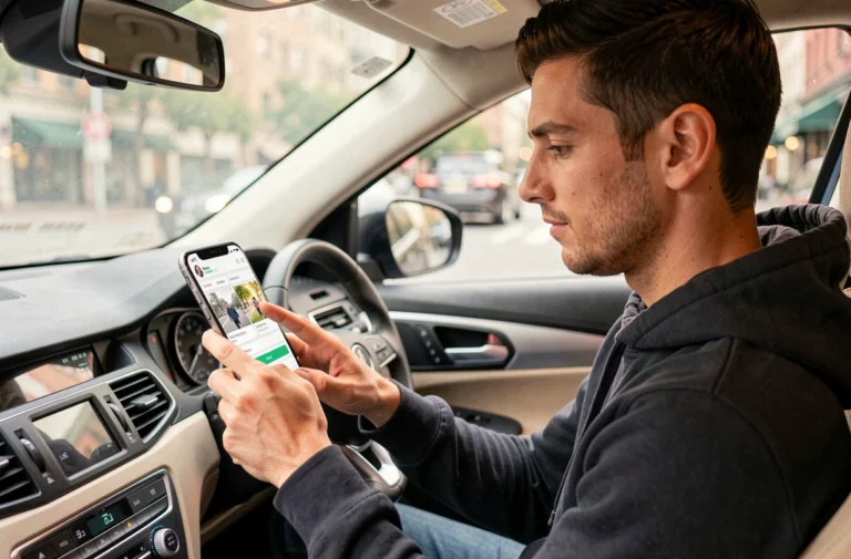 Homme activant la voix de Dark Vador sur l'application Waze depuis son smartphone dans une voiture