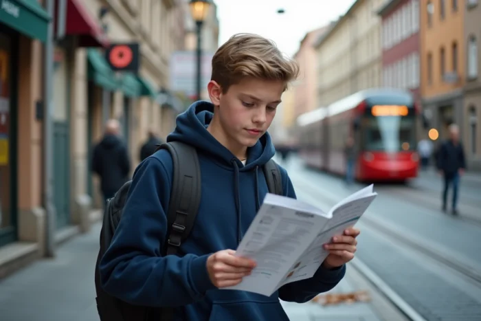 Adolescent consultant une brochure de programme linguistique dans une rue d'une ville européenne lors d'un séjour à l'étranger