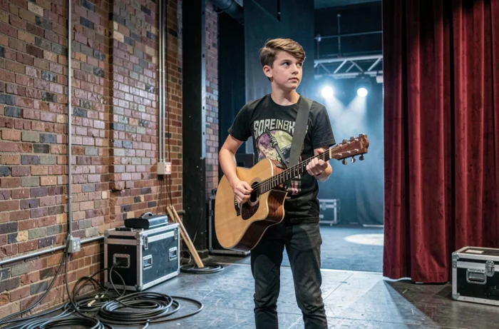 Adolescent dans les coulisses d'une salle de concert tenant une guitare acoustique, symbolisant un avenir musical prometteur