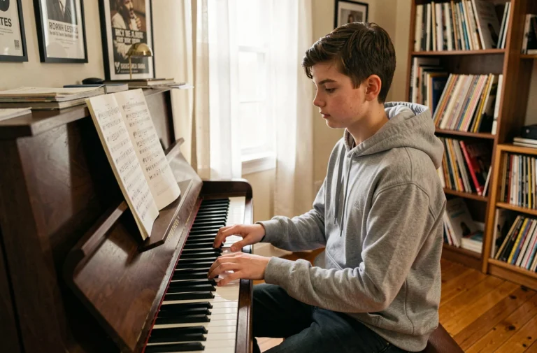 Jeune adolescent jouant du piano dans une salle de musique familiale, évoquant une passion musicale héritée de ses parents artistes