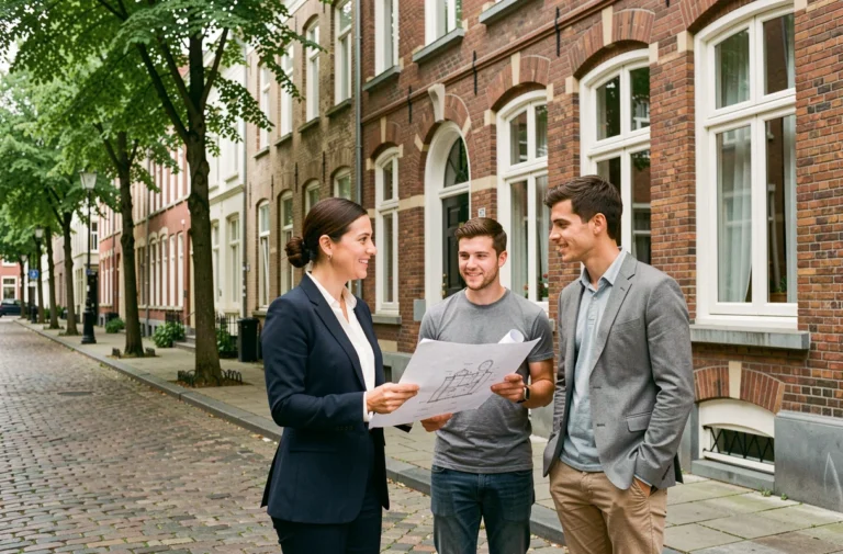 Agent immobilier belge présentant des plans architecturaux à un jeune couple devant une maison de ville en briques à Bruxelles