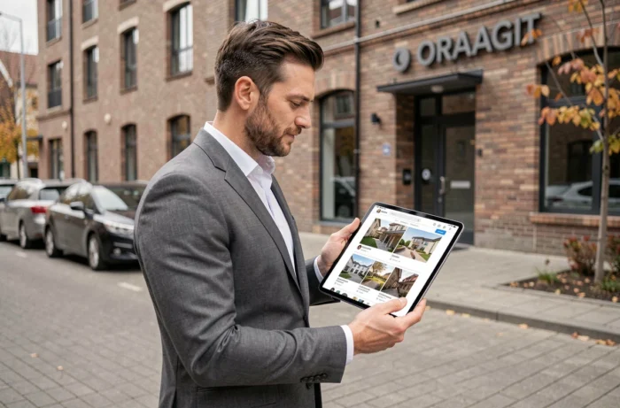 Agent immobilier consultant un site web immobilier sur tablette devant une propriété à vendre en milieu urbain