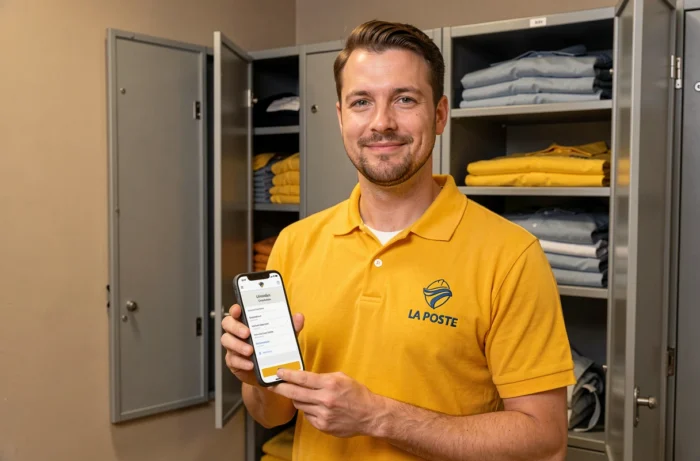 Agent La Poste masculin consultant sa commande de tenue professionnelle sur smartphone dans une salle de vestiaires