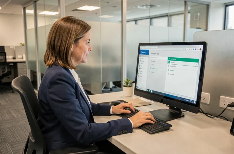 Agente administrative accédant à un portail de gestion en ligne sur son ordinateur dans un bureau municipal moderne