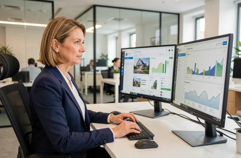 Agente immobilière analysant des données de stratégie digitale sur un double écran dans une agence moderne