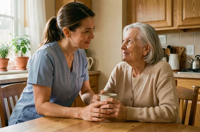 Aide-soignante accompagnant une personne âgée lors de sa pause café à domicile, illustrant les services de soin quotidiens pour seniors