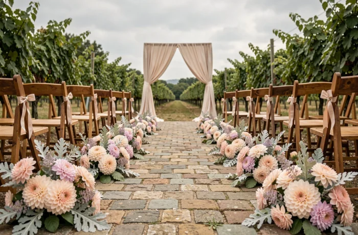 Allée de cérémonie de mariage décorée de dahlias roses et lavande dans un vignoble provençal avec chaises en bois rustiques