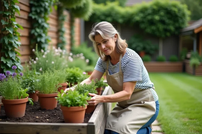 Femme aménageant un jardin extérieur avec des plantes en pot et un potager surélevé en bois
