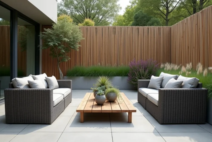 Terrasse extérieure moderne aménagée avec salon de jardin en rotin et plantes ornementales