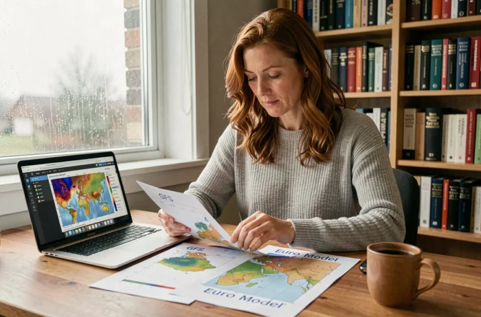 Femme étudiant des cartes météo GFS et Euro modèle à son bureau à domicile par temps nuageux
