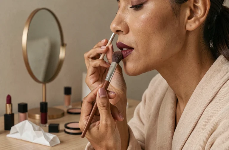 Femme appliquant de la poudre libre sur un rouge à lèvres satiné bordeaux pour obtenir un fini mat longue tenue