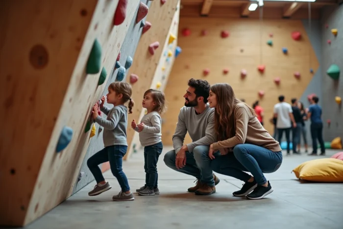 Une famille avec deux enfants s'essaie au bloc dans la salle Arkose Lille, dans une ambiance conviviale et chaleureuse
