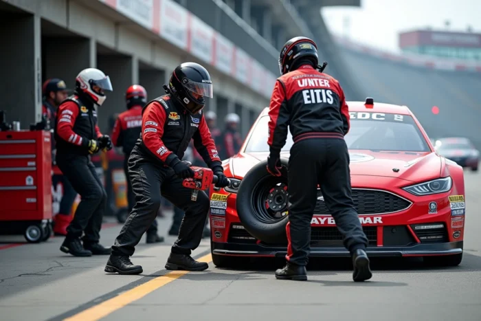 Équipe de mécaniciens NASCAR effectuant un arrêt au stand rapide avec changement de pneus en course