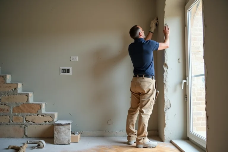 Artisan plâtrier en train de rénover un mur intérieur dans un appartement haussmannien à Lyon