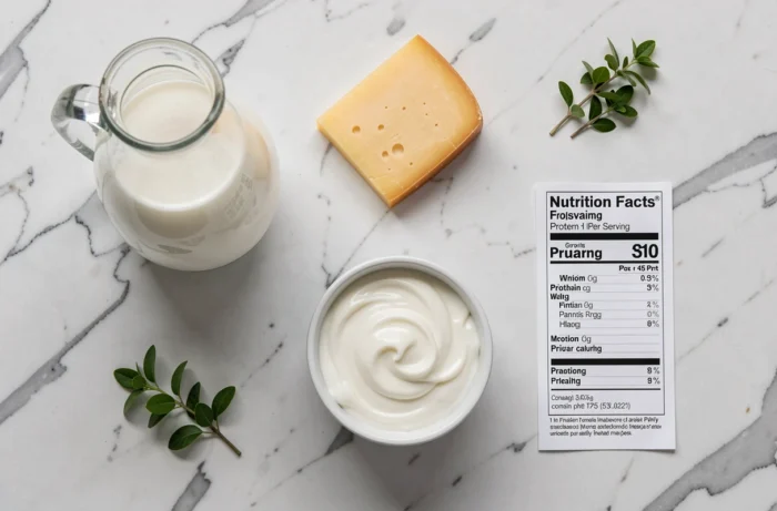 Assortiment de produits laitiers dont du lait entier, fromage et yaourt avec fiche nutritionnelle sur marbre blanc