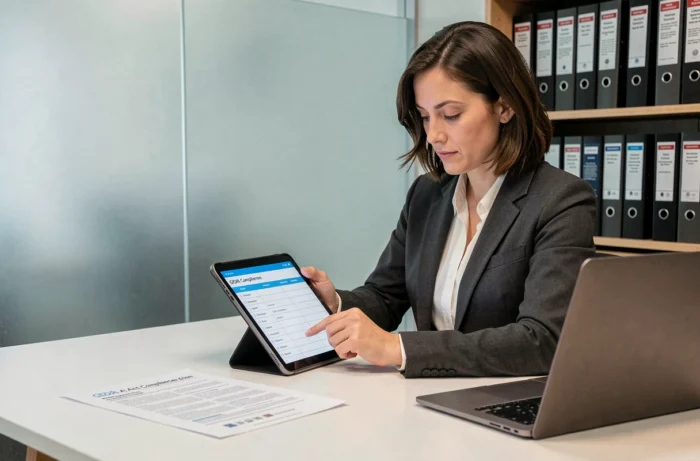 Une responsable conformité effectuant un audit RGPD et AI Act sur des outils digitaux avec des documents réglementaires