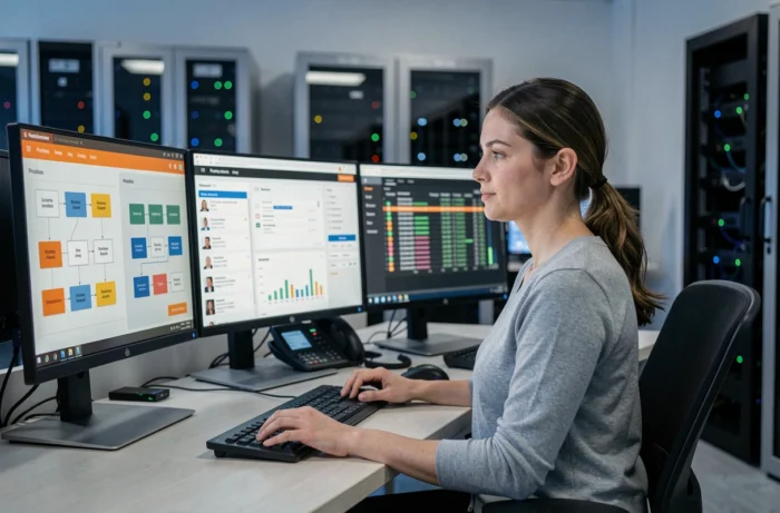 Une ingénieure en opérations configurant des workflows d'automatisation de processus répétitifs avant un investissement en IA générative