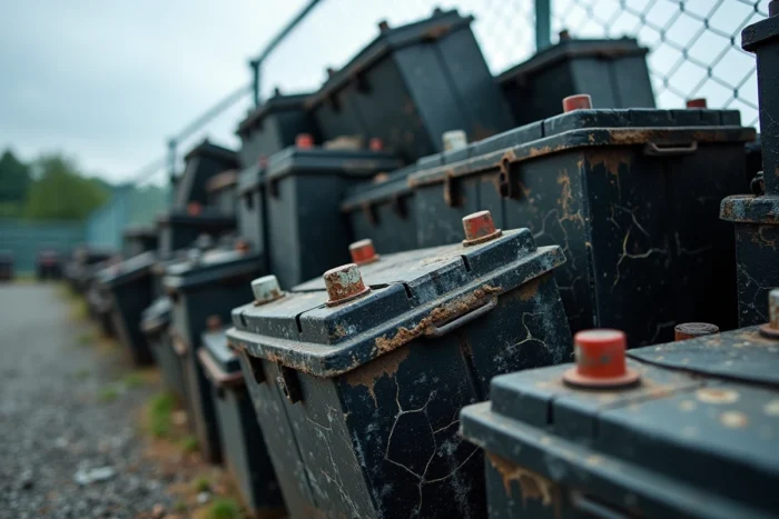 Pile de batteries au plomb usagées stockées dans un centre de collecte agréé en attente de recyclage