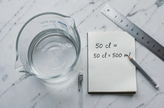 Vue aérienne d'un bécher gradué à 500 ml avec des notes manuscrites sur la conversion de centilitres en millilitres