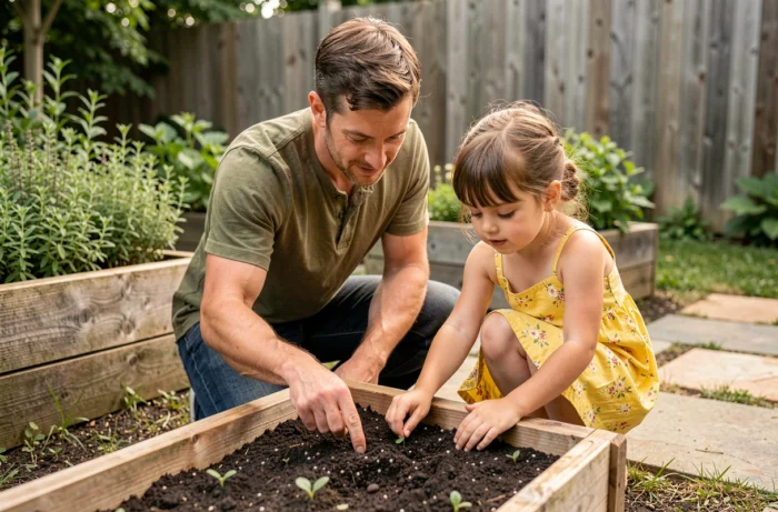 Père et fillette jardinent ensemble dans un potager extérieur, l'enfant plante une graine dans la terre
