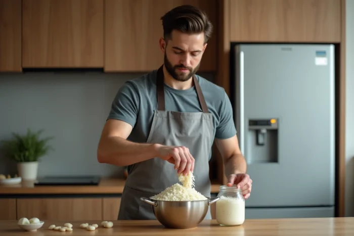 Homme en cuisine adoptant les bonnes pratiques de conservation du riz cuit en le transférant rapidement dans un contenant hermétique avant réfrigération