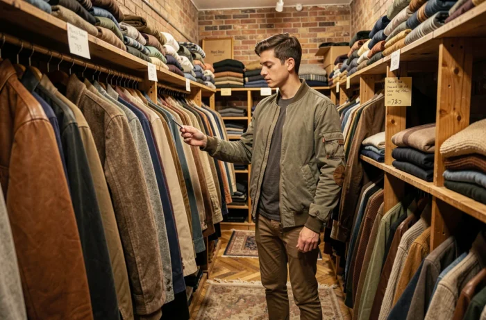 Jeune homme parcourant des vestes vintage dans une boutique intérieure du marché de Clignancourt
