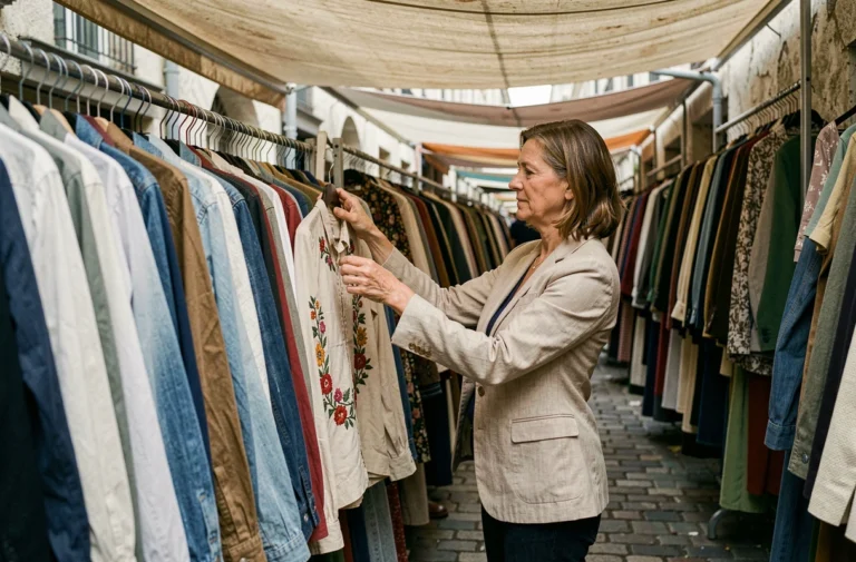 Femme examinant un vêtement vintage dans une boutique du marché aux puces de Clignancourt à Paris