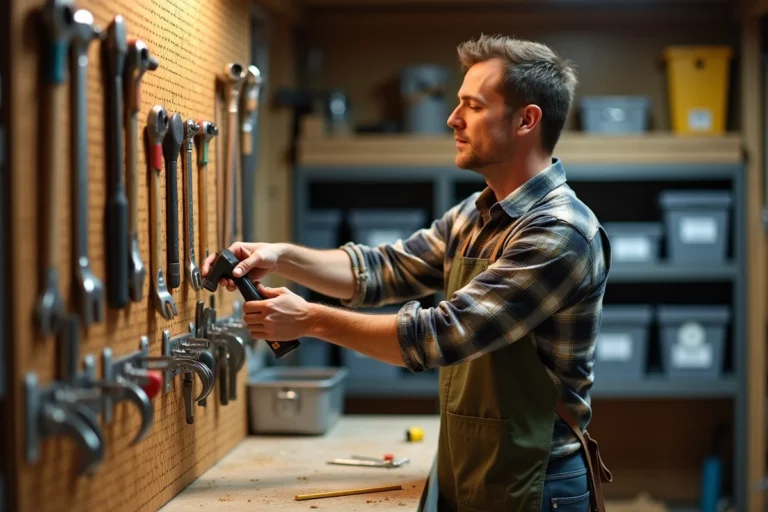 Homme bricoleur organisant ses outils sur un panneau mural dans un atelier de garage bien équipé