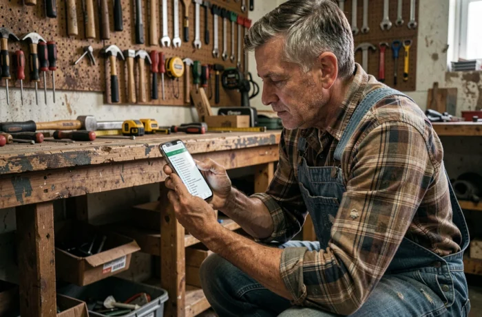 Bricoleur consultant le sitemap d'un site de bricolage sur smartphone dans un atelier de garage