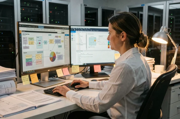 Une architecte informatique cartographiant la dette technique sur ses écrans avant un déploiement numérique