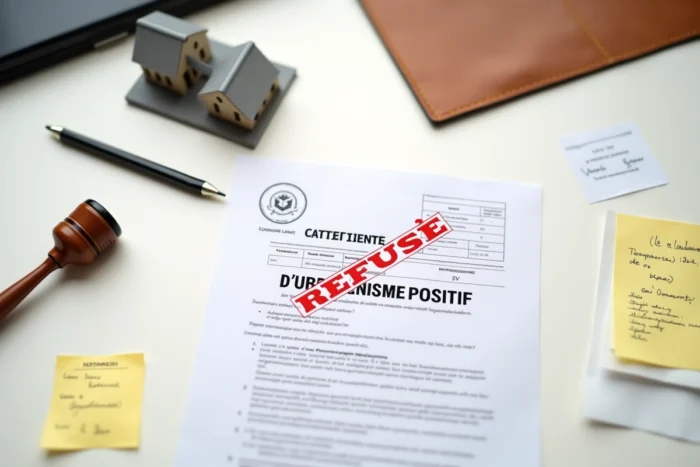 Vue aérienne d'un certificat d'urbanisme positif avec un tampon refusé sur un bureau de professionnel juridique
