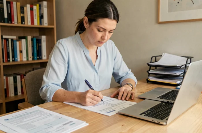 Femme remplissant un formulaire de changement de nom sur la carte grise à son bureau à domicile