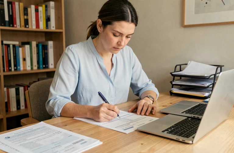 Femme remplissant un formulaire de changement de nom sur la carte grise à son bureau à domicile