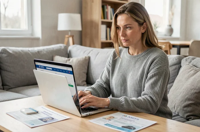 Femme effectuant un changement de nom sur carte grise en ligne depuis son salon via le site de l'ANTS