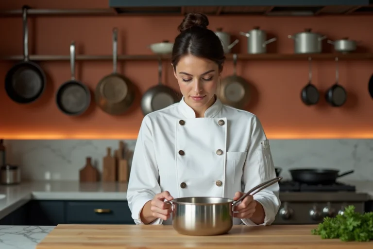 Cheffe professionnelle inspectant une casserole en acier inoxydable dans une cuisine équipée avec plan de travail en marbre et ustensiles en cuivre