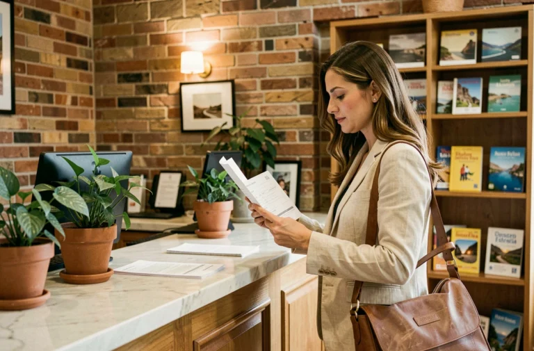 Femme consultant une réservation d'hôtel à la réception d'un boutique-hôtel chaleureux