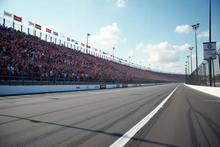 Vue panoramique d'un circuit NASCAR bondé avec des tribunes remplies de fans lors d'une course officielle