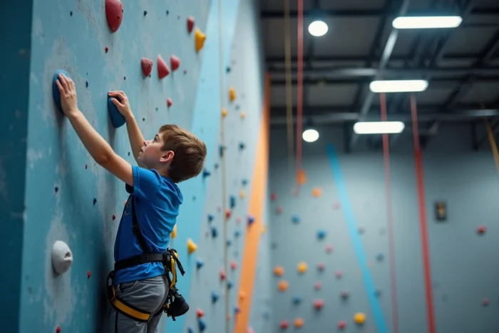 Un jeune garçon en baudrier escalade une grande voie en corde dans la salle Climb Up Lille Centre, la plus grande surface de voies en centre-ville