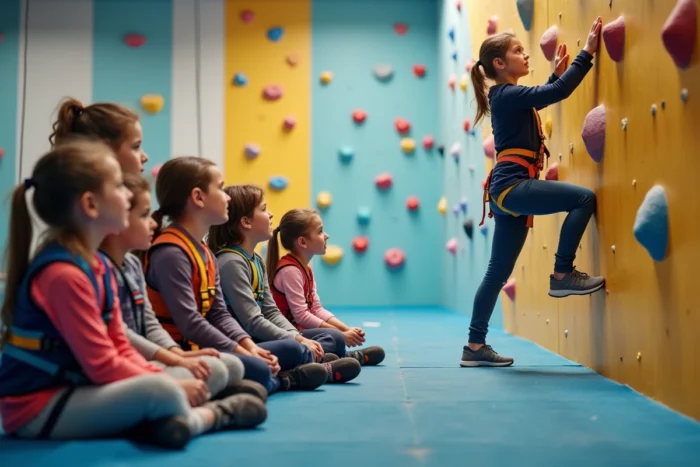 Un groupe d'enfants suit un cours d'escalade encadré par une monitrice dans la salle Climb Up Villeneuve-d'Ascq, site dédié aux cours enfants