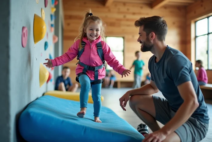 Une petite fille descend d'un mur de bloc sous le regard bienveillant de son père dans l'espace familial de Climb Up Wambrechies en périphérie de Lille