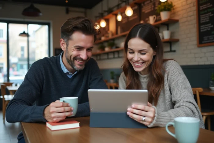 Deux professionnels collaborant autour d'une tablette affichant des ressources web dans un café moderne