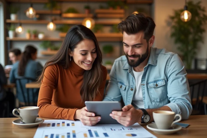 Deux professionnels collaborant sur une stratégie SEO et marketing en ligne dans un café urbain