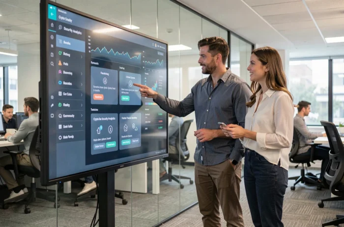 Deux collègues en entreprise analysant un tableau de bord de sécurité pour investissements en crypto-monnaie sur un grand écran