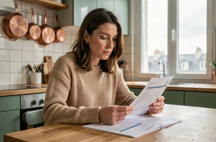 Femme comparant des contrats d'assurance habitation à sa table de cuisine dans un appartement parisien