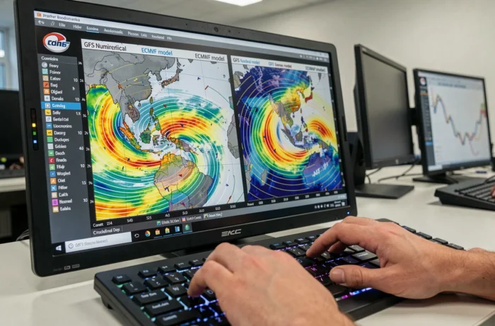 Comparaison visuelle sur écran des modèles météorologiques GFS et ECMWF Euro avec cartes de pression atmosphérique