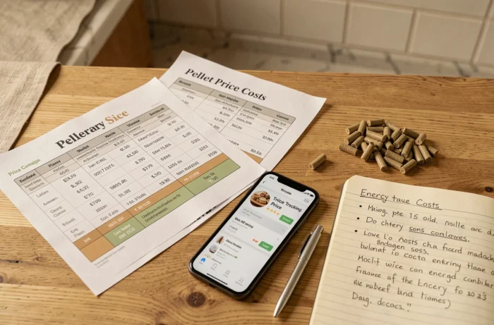Comparaison des prix des pellets Leclerc sur une table avec smartphone et documents imprimés