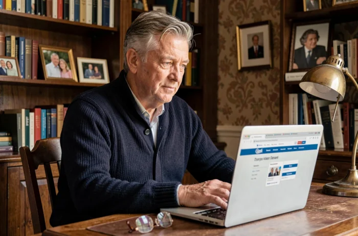 Homme d'âge mûr consultant un comparateur d'assurance habitation en ligne dans son bureau à domicile
